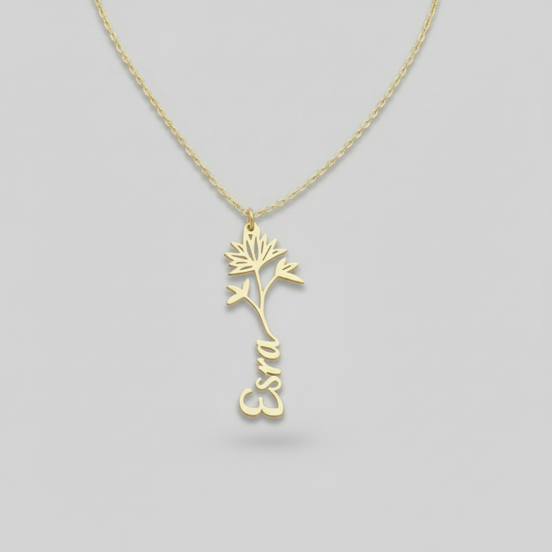 Kişiye Özel Çiçek Detaylı İsim Kolye