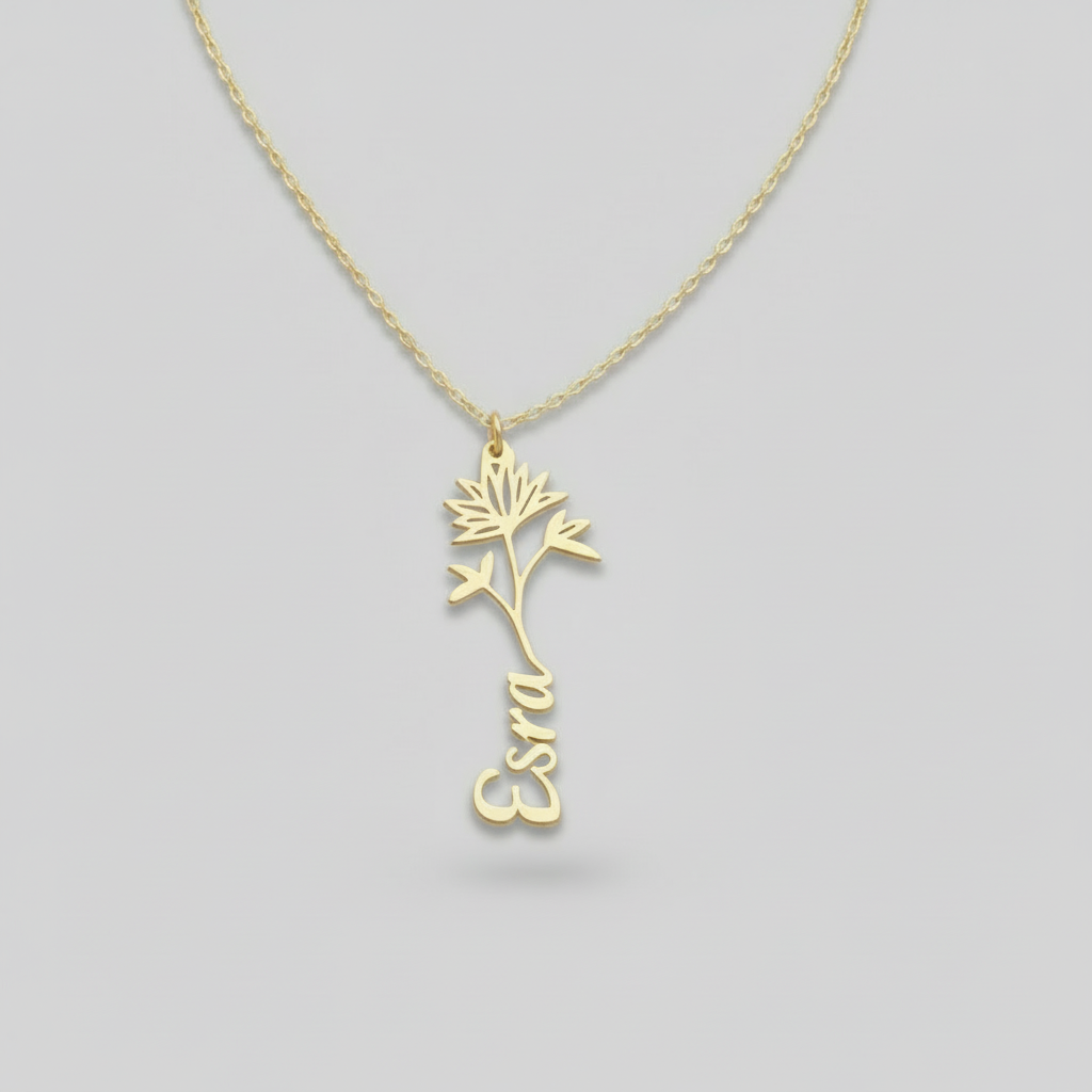 Kişiye Özel Çiçek Detaylı İsim Kolye