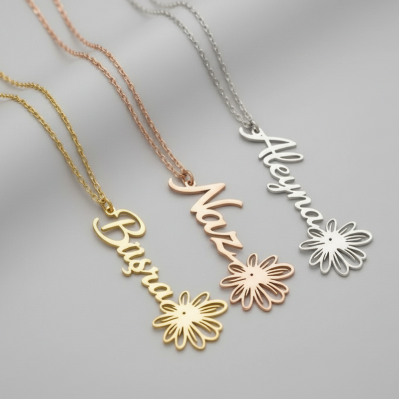 Kişiye Özel Dikey Sade Çiçek Detaylı İsim Kolye
