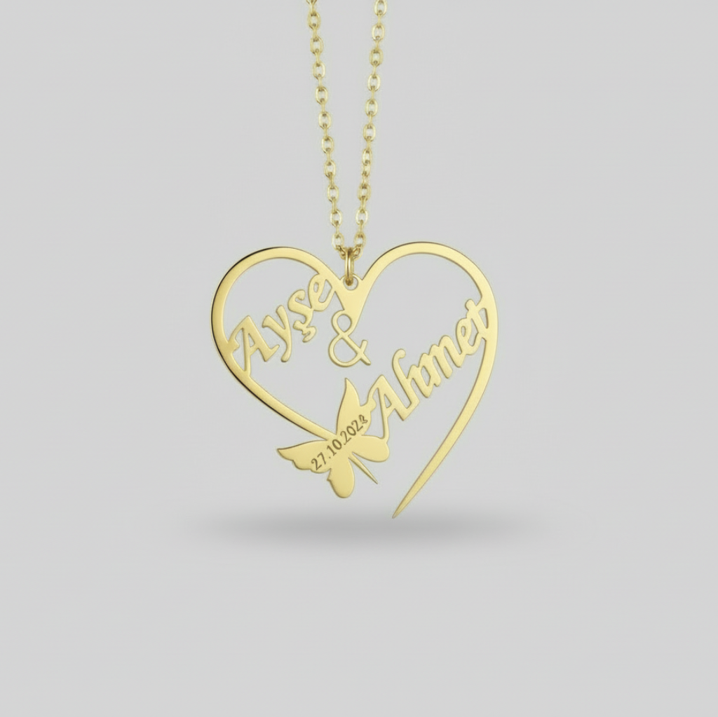 Kelebek Detaylı Çift İsimli Kalp Kolye Gorseli