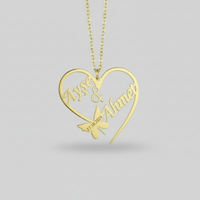 Kelebek Detaylı Çift İsimli Kalp Kolye Gorseli