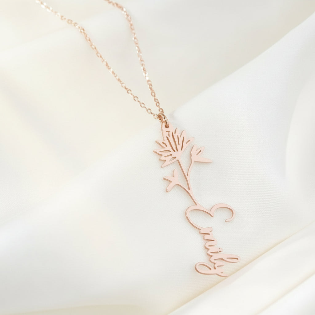 Navan 925 Ayar Gümüş Kişiye Özel Çiçek Detaylı İsim Kolye (Gold, Silver ve Rose) - Navan