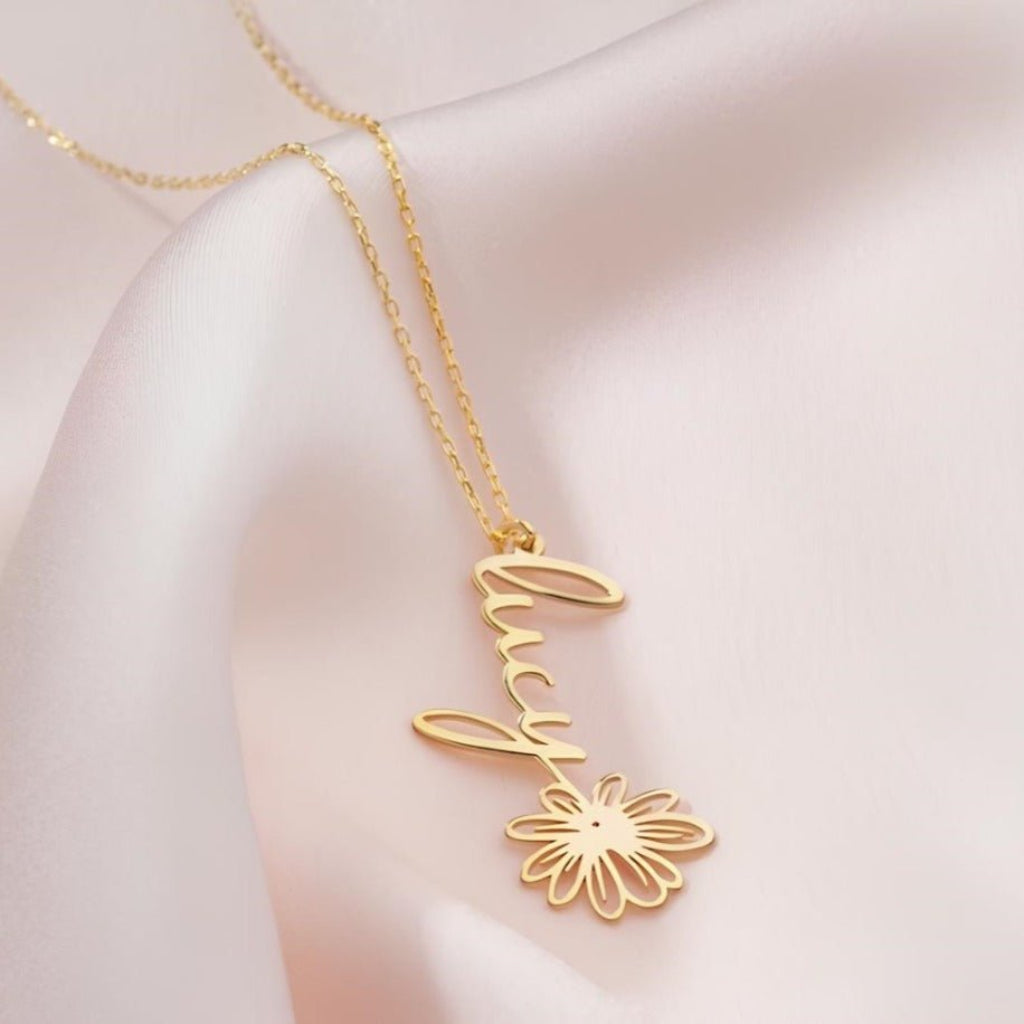 Navan 925 Ayar Gümüş Kişiye Özel Çiçek Detaylı İsim Kolye (Gold, Silver ve Rose) - Navan