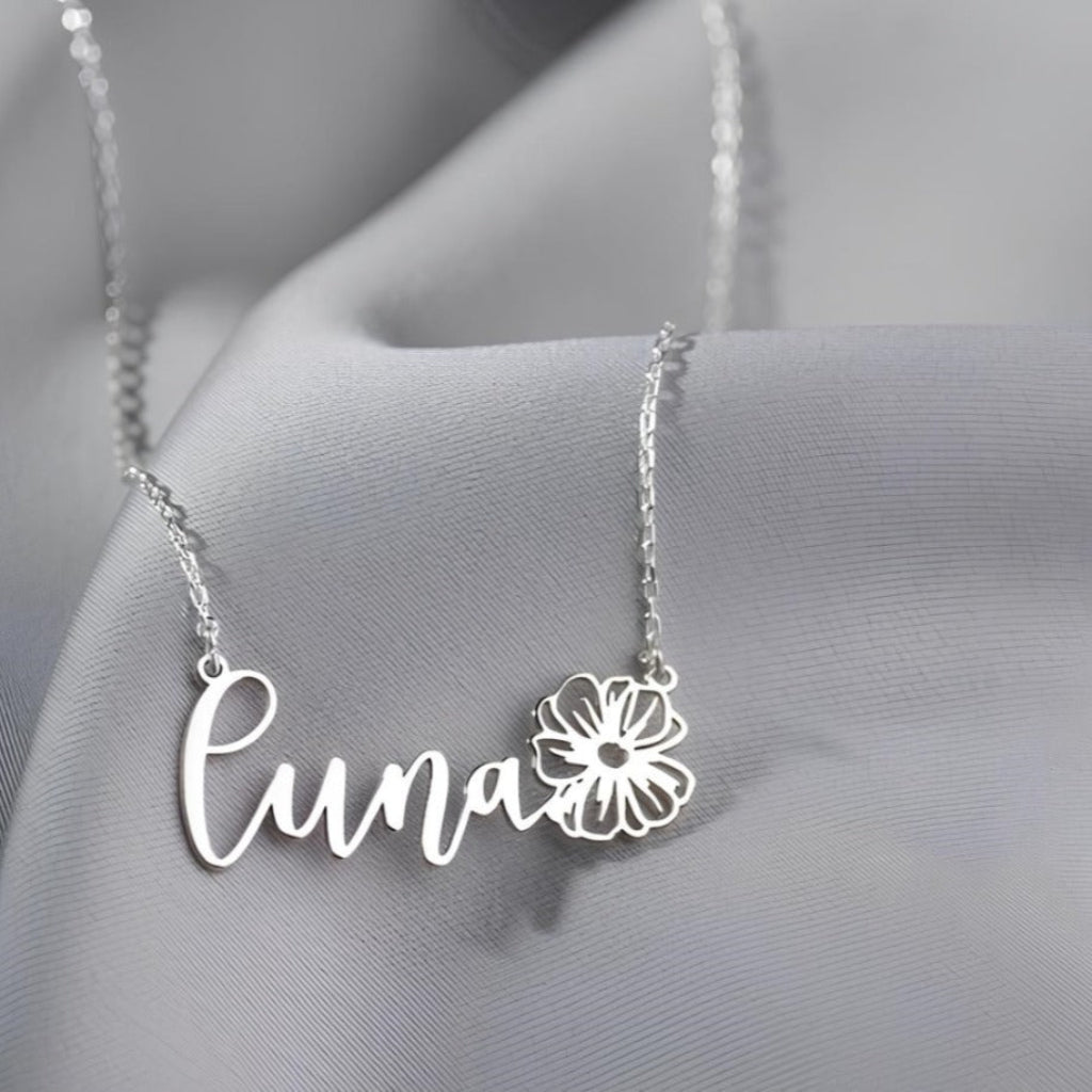 Navan 925 Ayar Gümüş Kişiye Özel Çiçek Detaylı İsim Kolye (Gold, Silver ve Rose) - Navan