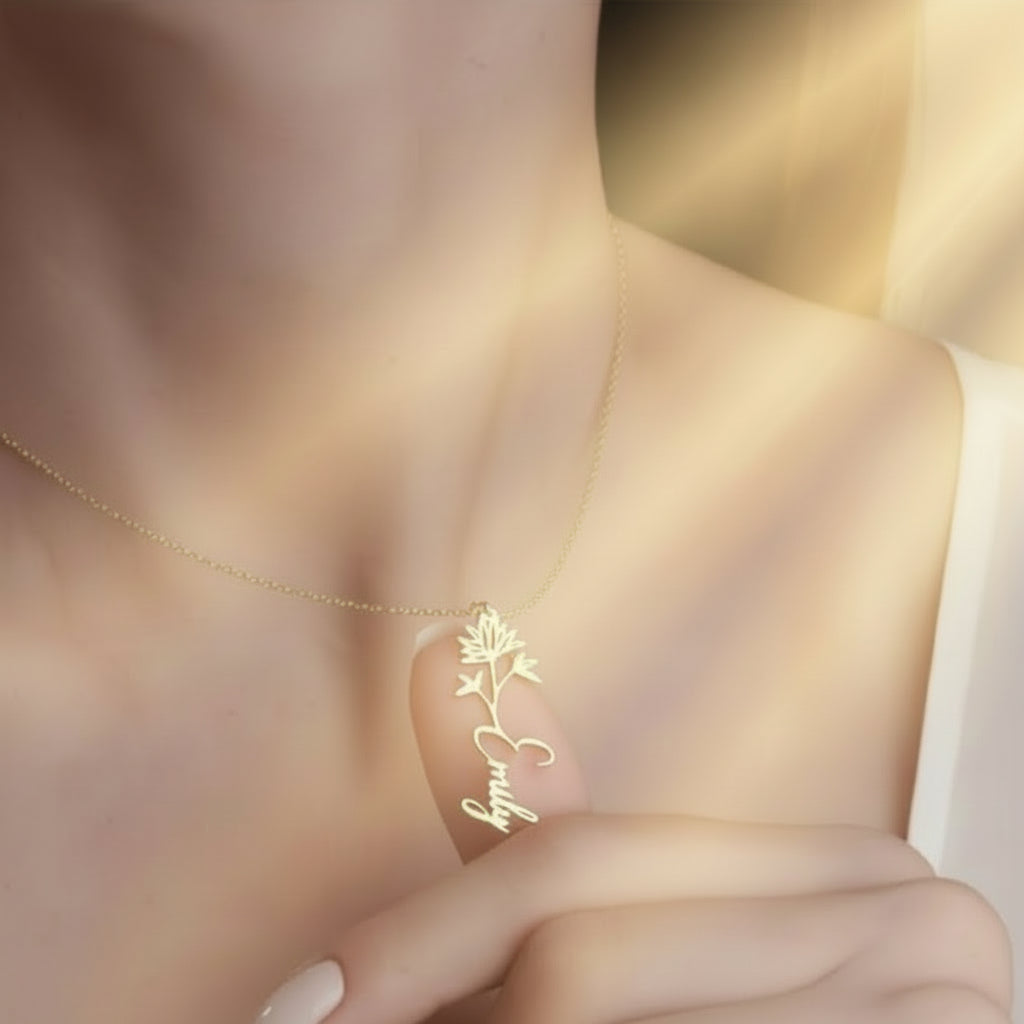 Navan 925 Ayar Gümüş Kişiye Özel Çiçek Detaylı İsim Kolye (Gold, Silver ve Rose) - Navan