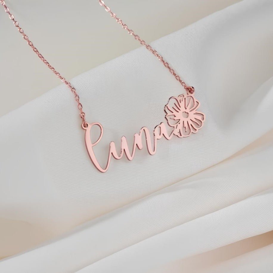 Navan 925 Ayar Gümüş Kişiye Özel Çiçek Detaylı İsim Kolye (Gold, Silver ve Rose) - Navan