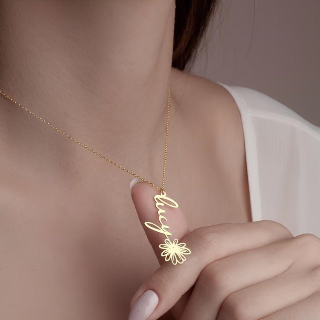 Navan 925 Ayar Gümüş Kişiye Özel Çiçek Detaylı İsim Kolye (Gold, Silver ve Rose) - Navan
