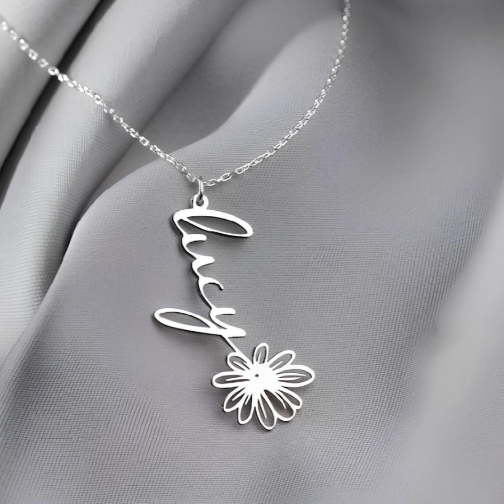 Navan 925 Ayar Gümüş Kişiye Özel Çiçek Detaylı İsim Kolye (Gold, Silver ve Rose) - Navan