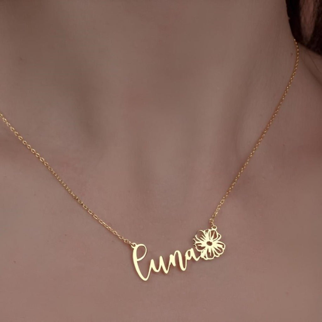 Navan 925 Ayar Gümüş Kişiye Özel Çiçek Detaylı İsim Kolye (Gold, Silver ve Rose) - Navan