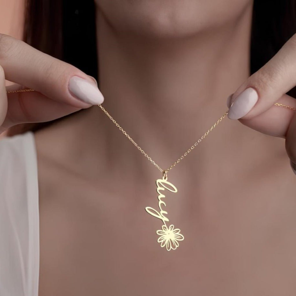 Navan 925 Ayar Gümüş Kişiye Özel Çiçek Detaylı İsim Kolye (Gold, Silver ve Rose) - Navan