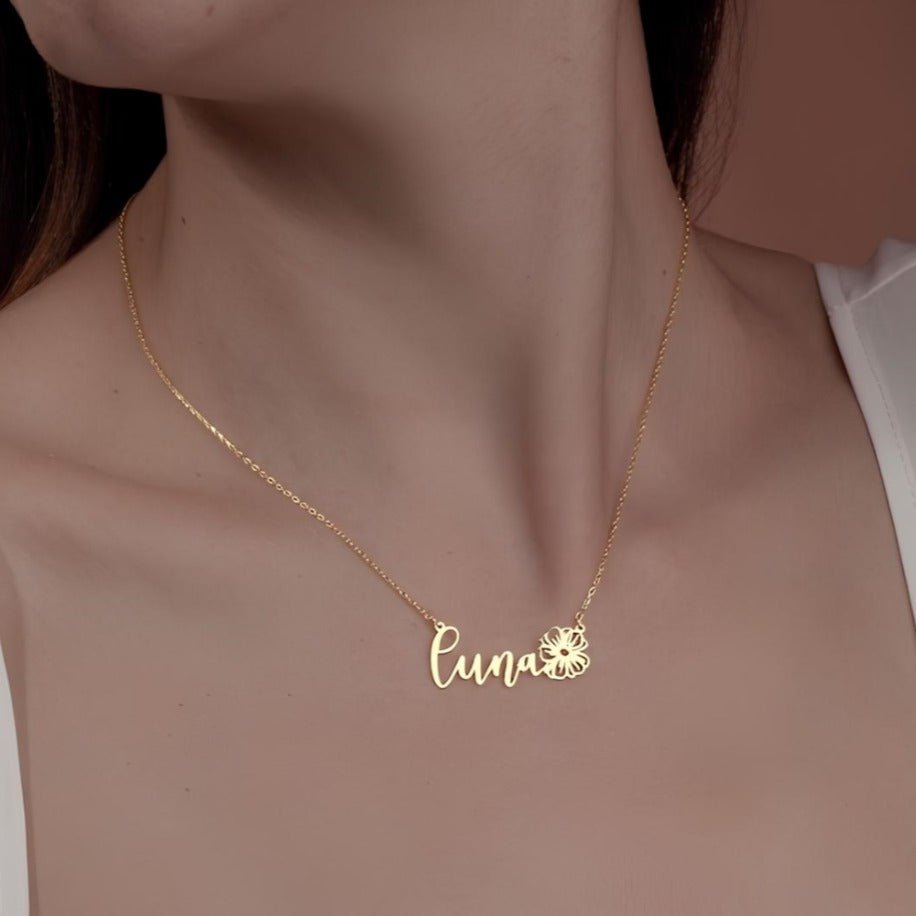 Navan 925 Ayar Gümüş Kişiye Özel Çiçek Detaylı İsim Kolye (Gold, Silver ve Rose) - Navan