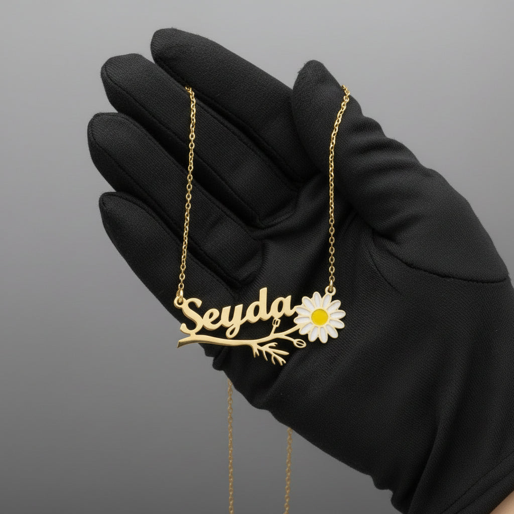 Navan 925 Ayar Gümüş Papatya Kolye (Gold) – Kişiye Özel İsimli - Navan