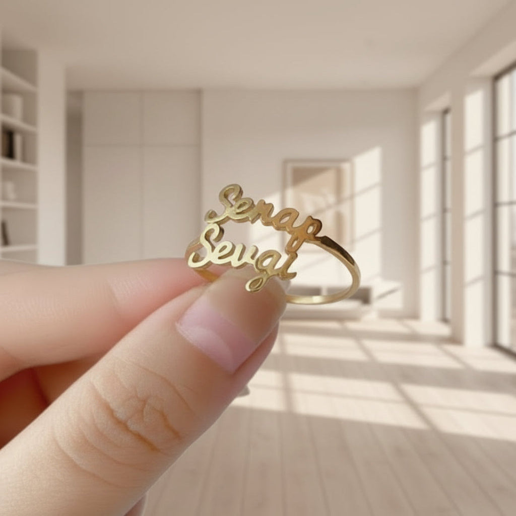 Navan Kalpli Çift İsimli 925 Ayar Gümüş Yüzük – Kişiye Özel Çift İsimli ( Gold , Rose ve Silver ) - Navan